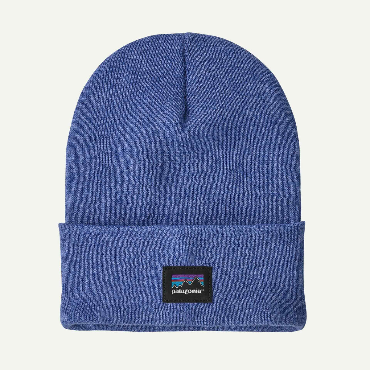 Blue beanie with Patagonia logo on a white background