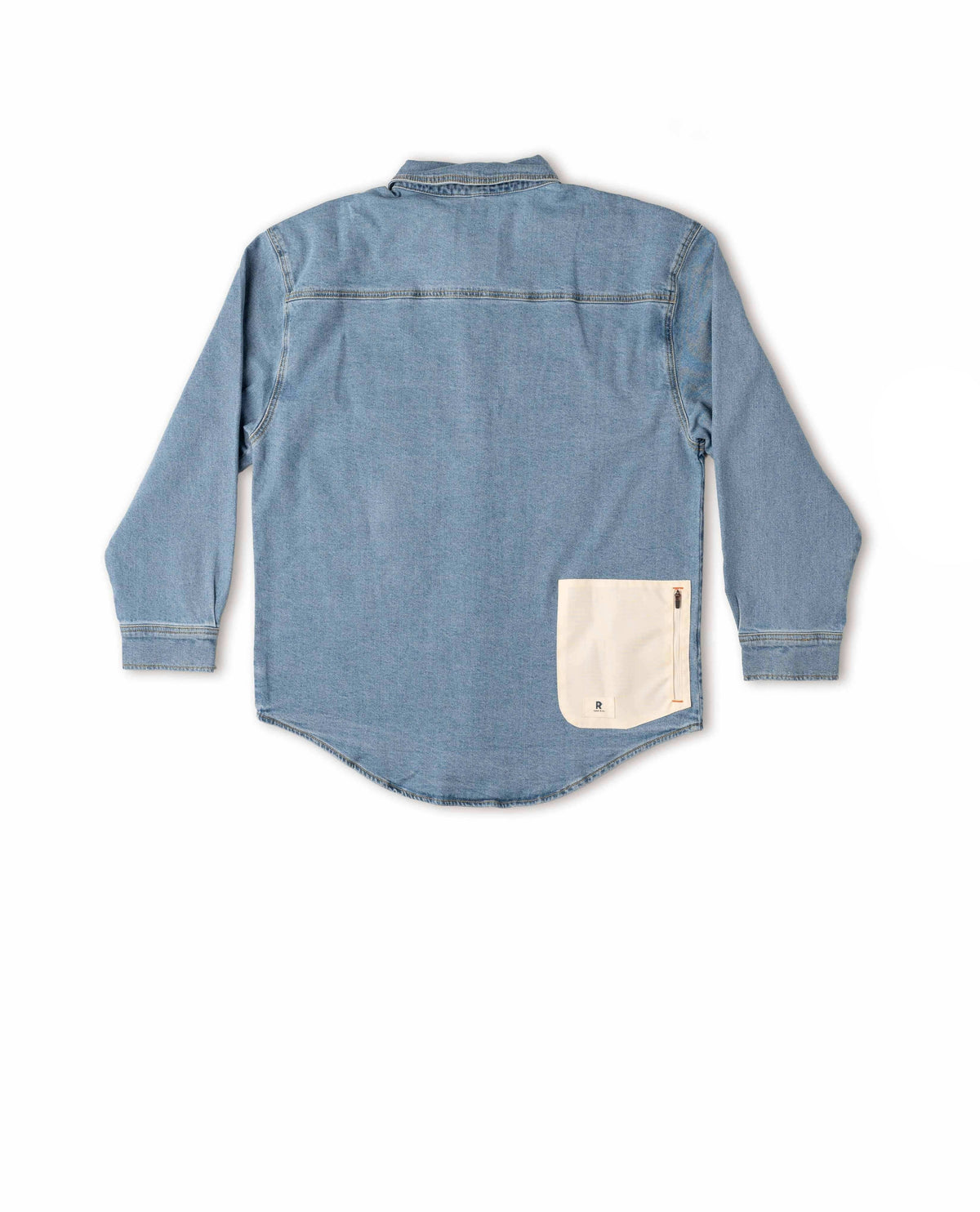 Blue denim shirt with a pocket on a white background