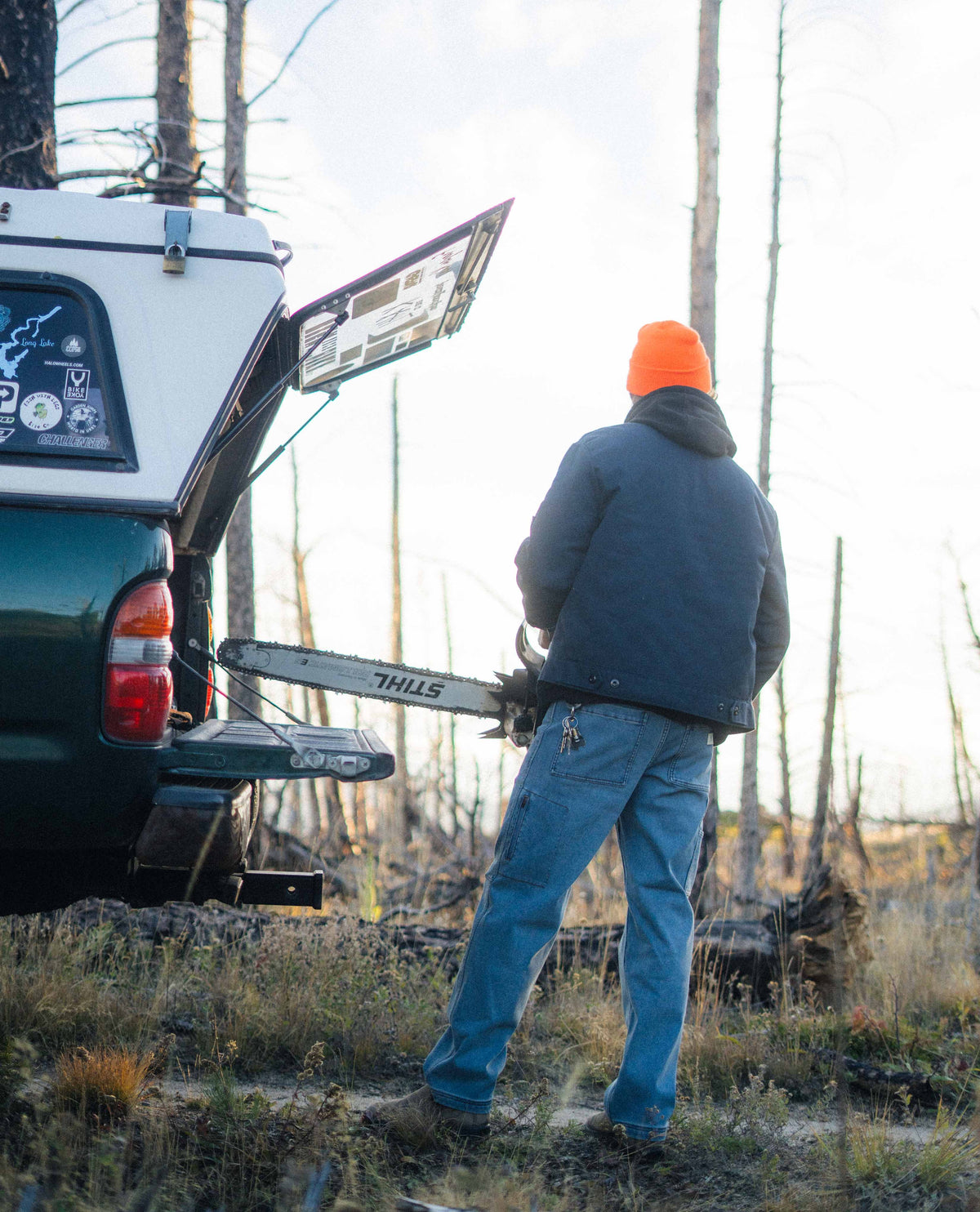 Person holding a chainsaw next to an open truck bed in a forest setting