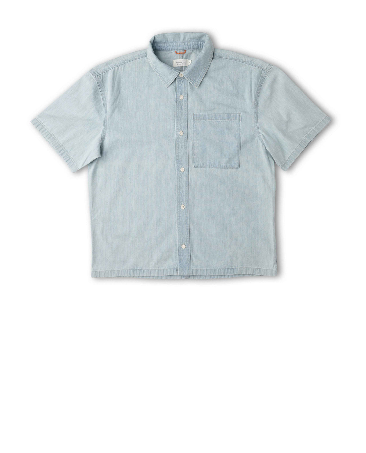 A light blue short-sleeve button-up shirt with a chest pocket, laid flat against a white background.