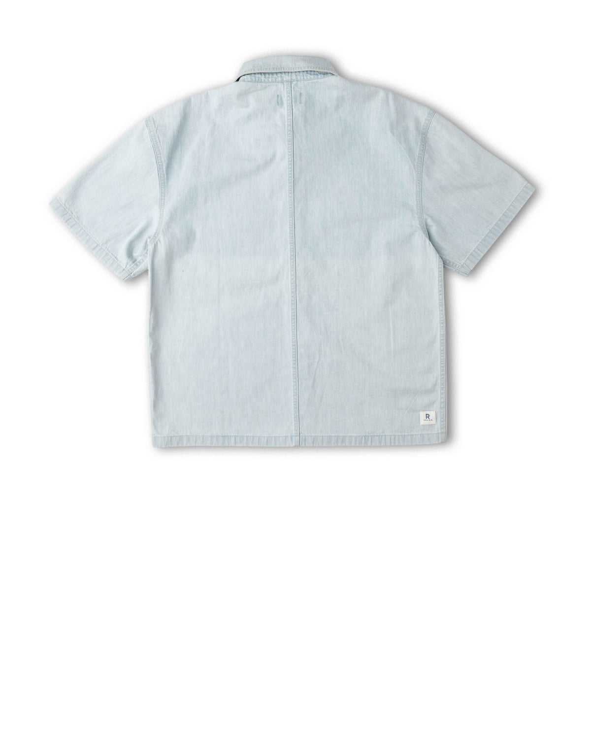 A light blue short-sleeve button-up shirt shown from the back, laid flat against a white background.