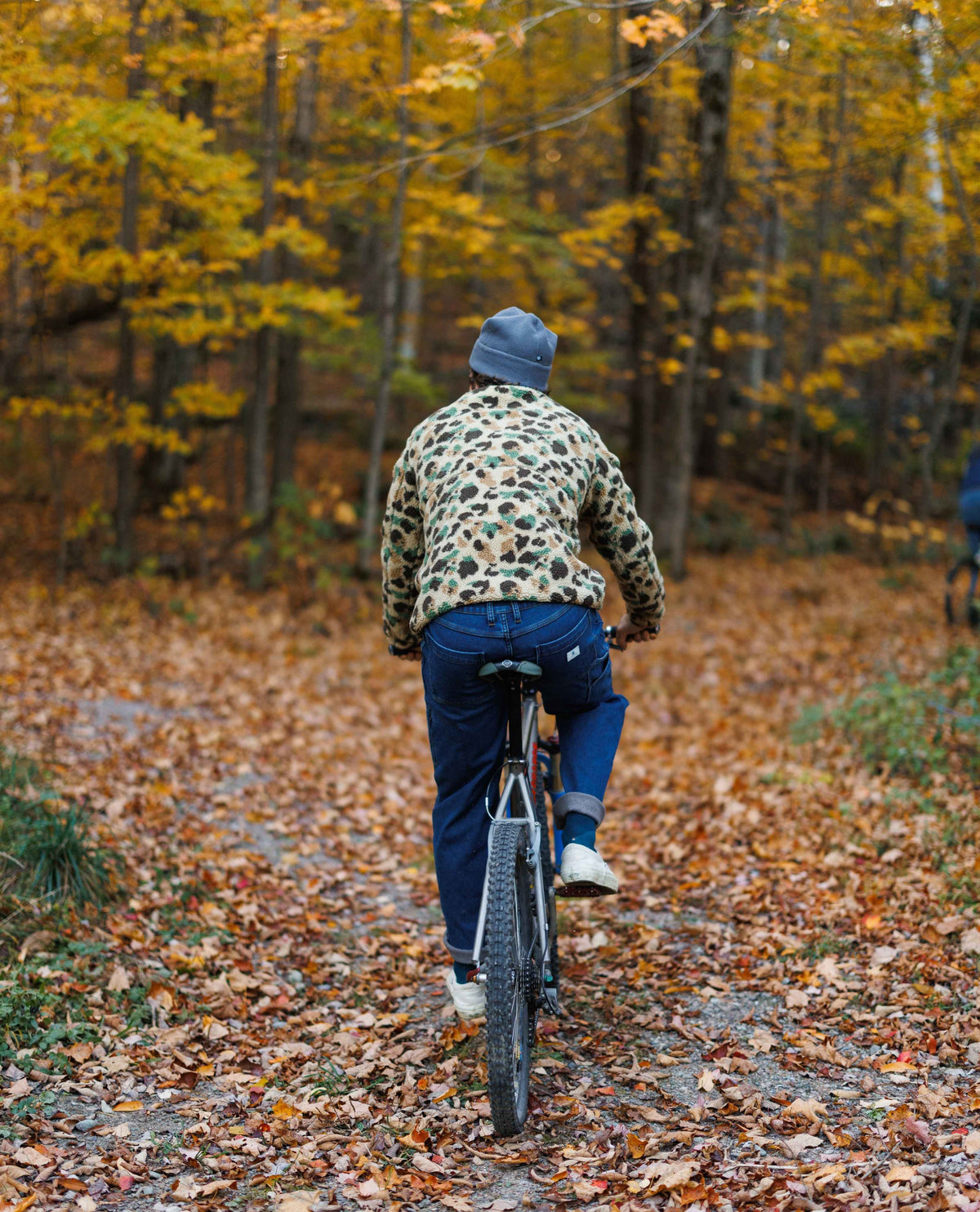 Person riding a bicycle through a forest with autumn foliage