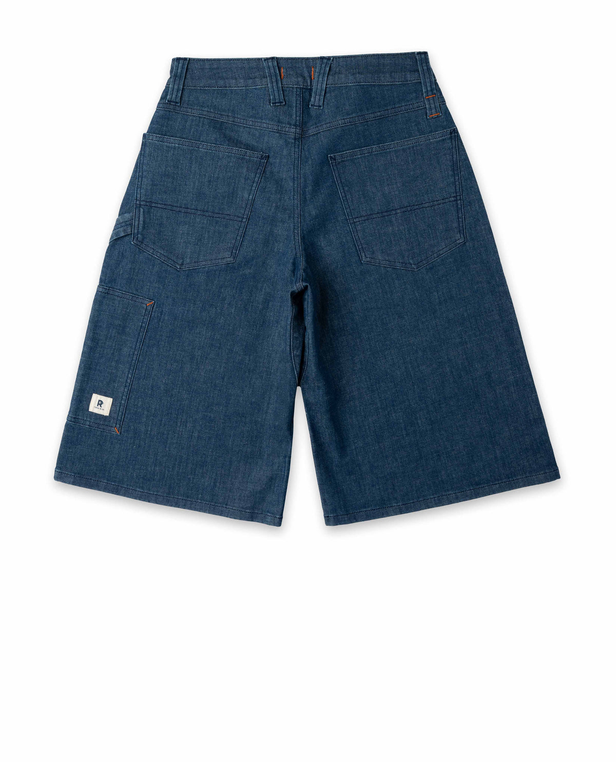 Blue denim shorts on a white background