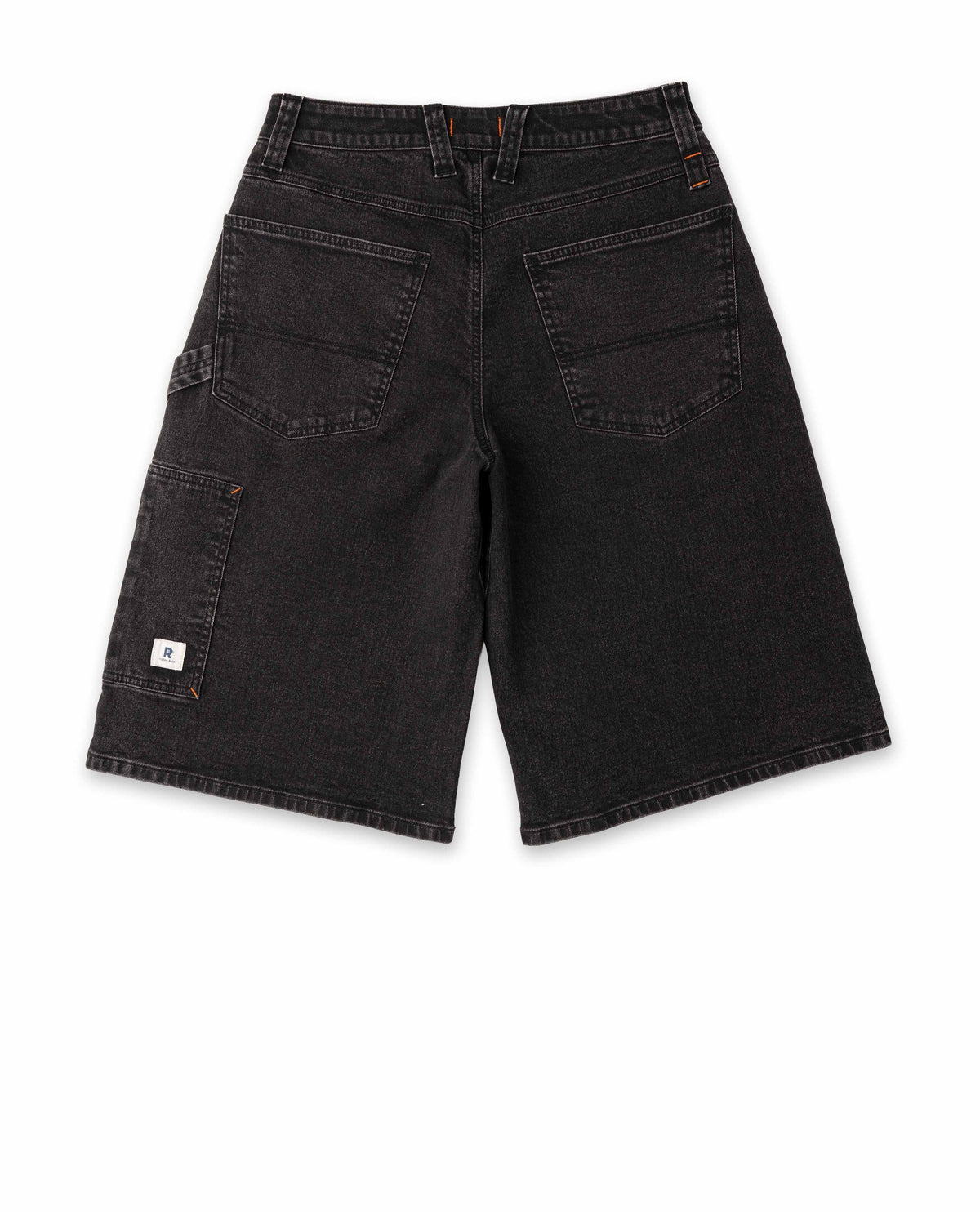 Black denim shorts on a white background