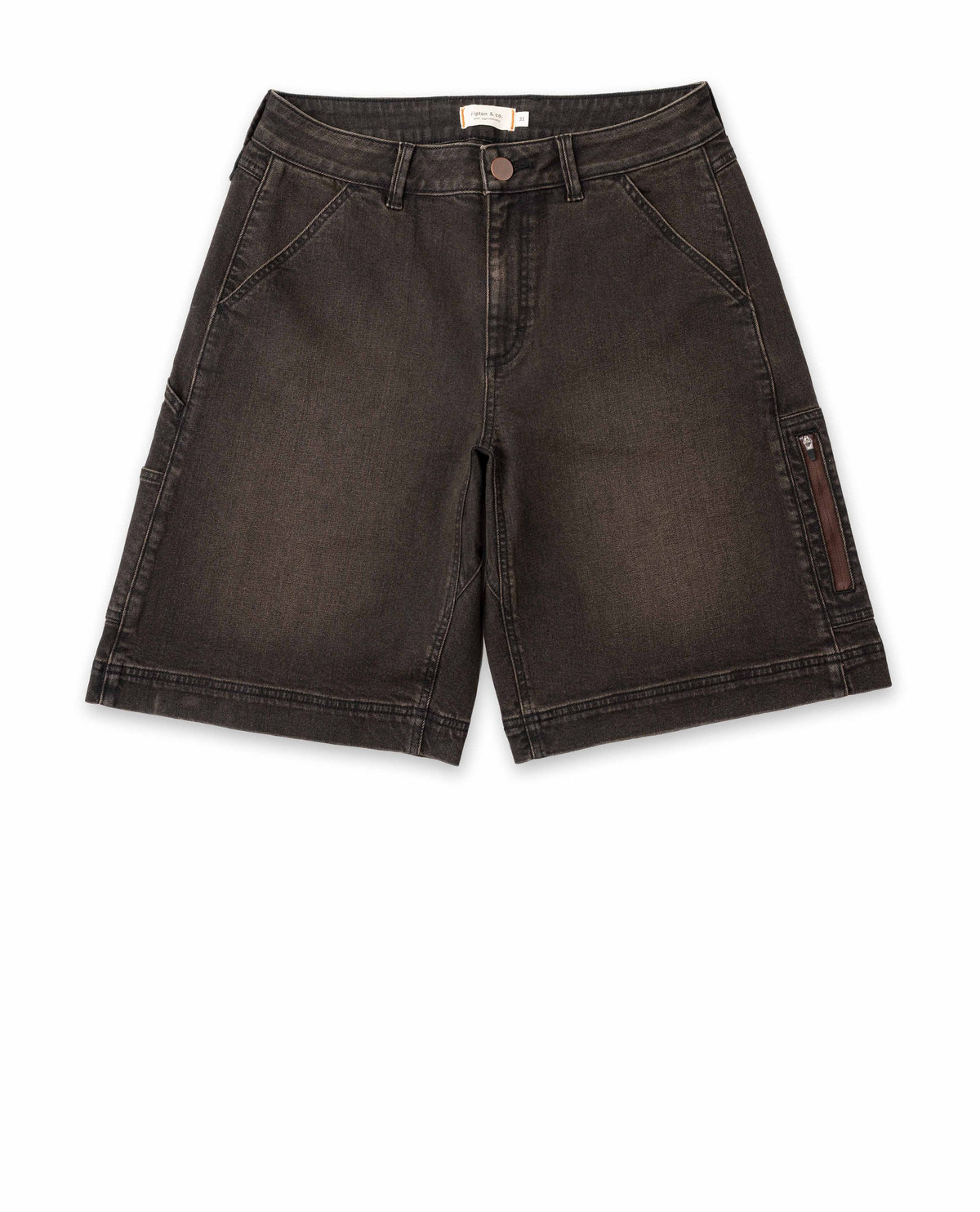 Black denim shorts on a white background