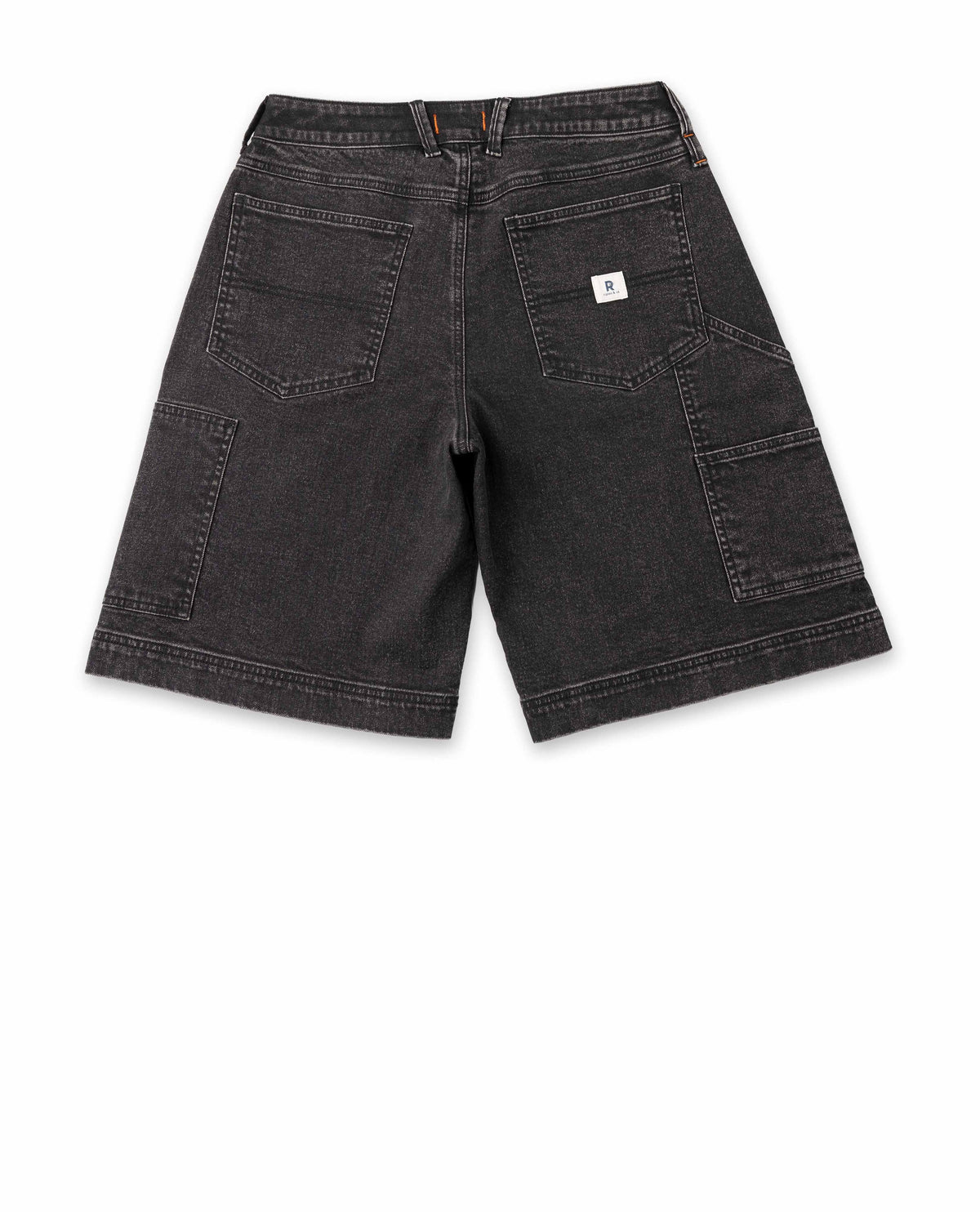 Black denim shorts on a white background