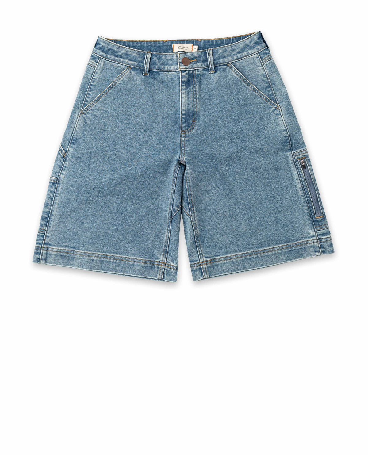 Blue denim shorts on a white background