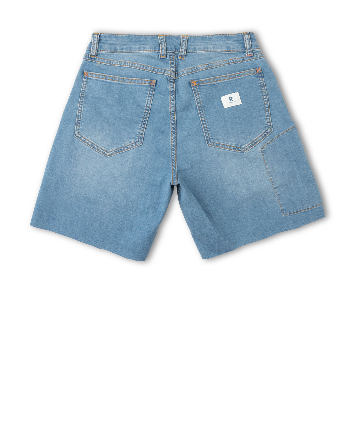 Blue denim shorts on a white background