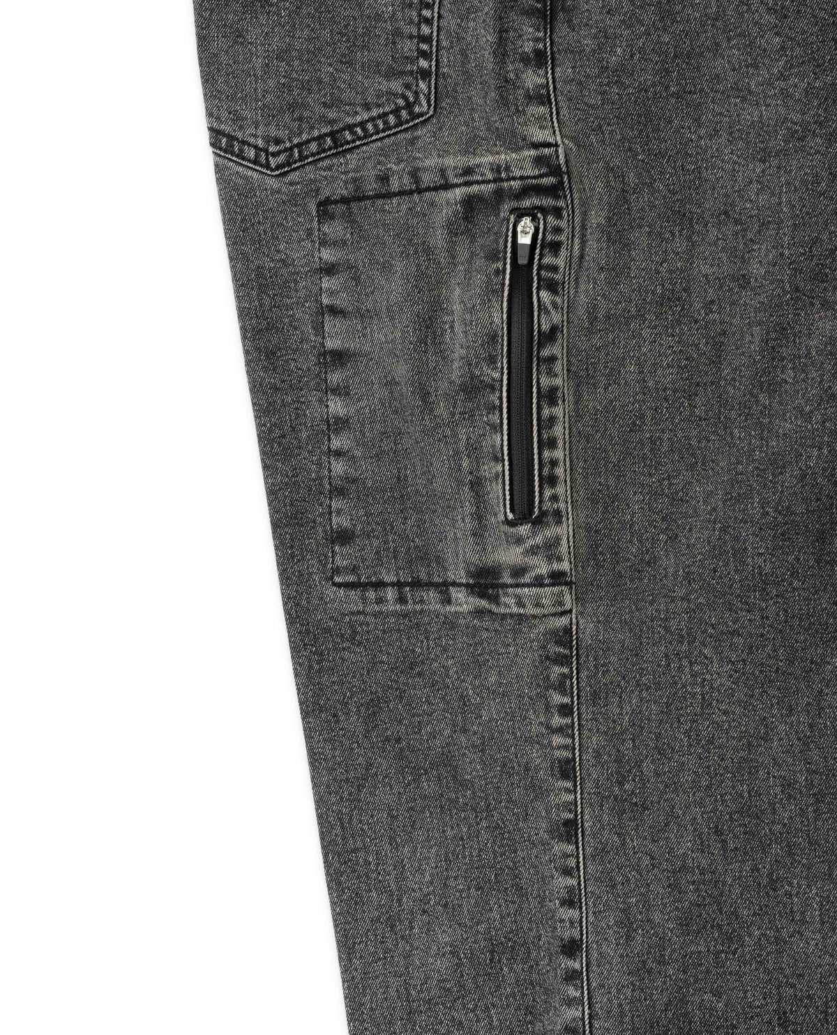 Close-up of a gray denim pocket with a zipper on a white background