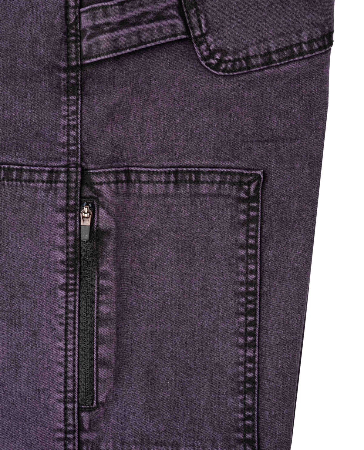 Close-up of a dark gray denim pocket with stitching detail.