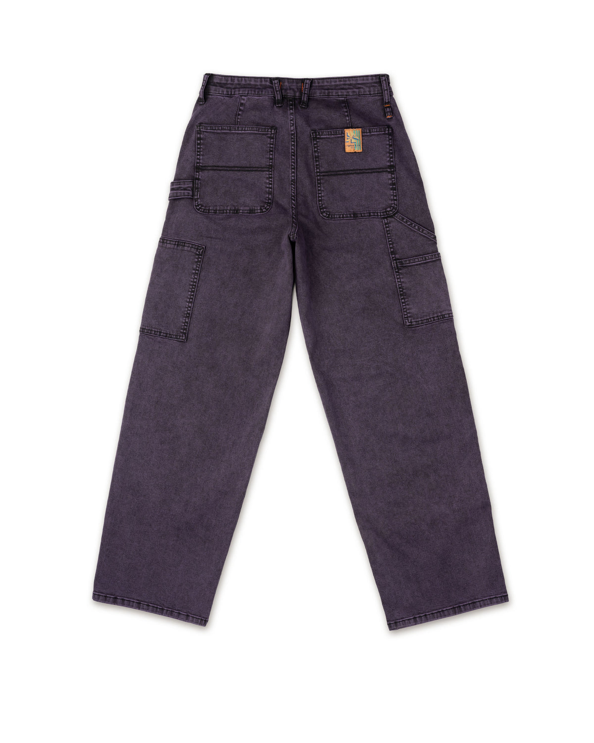 Dark gray pants with a brand logo on a white background