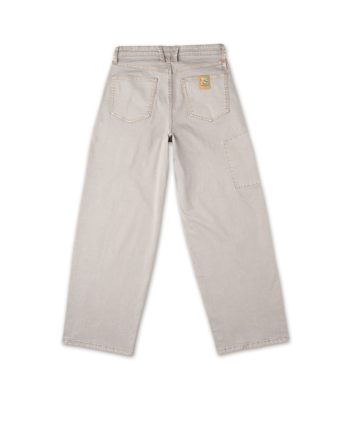 Beige pants with a brand logo on a white background