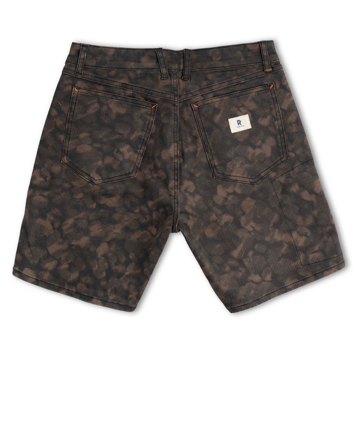 Dark camouflage shorts with a brand logo on a white background