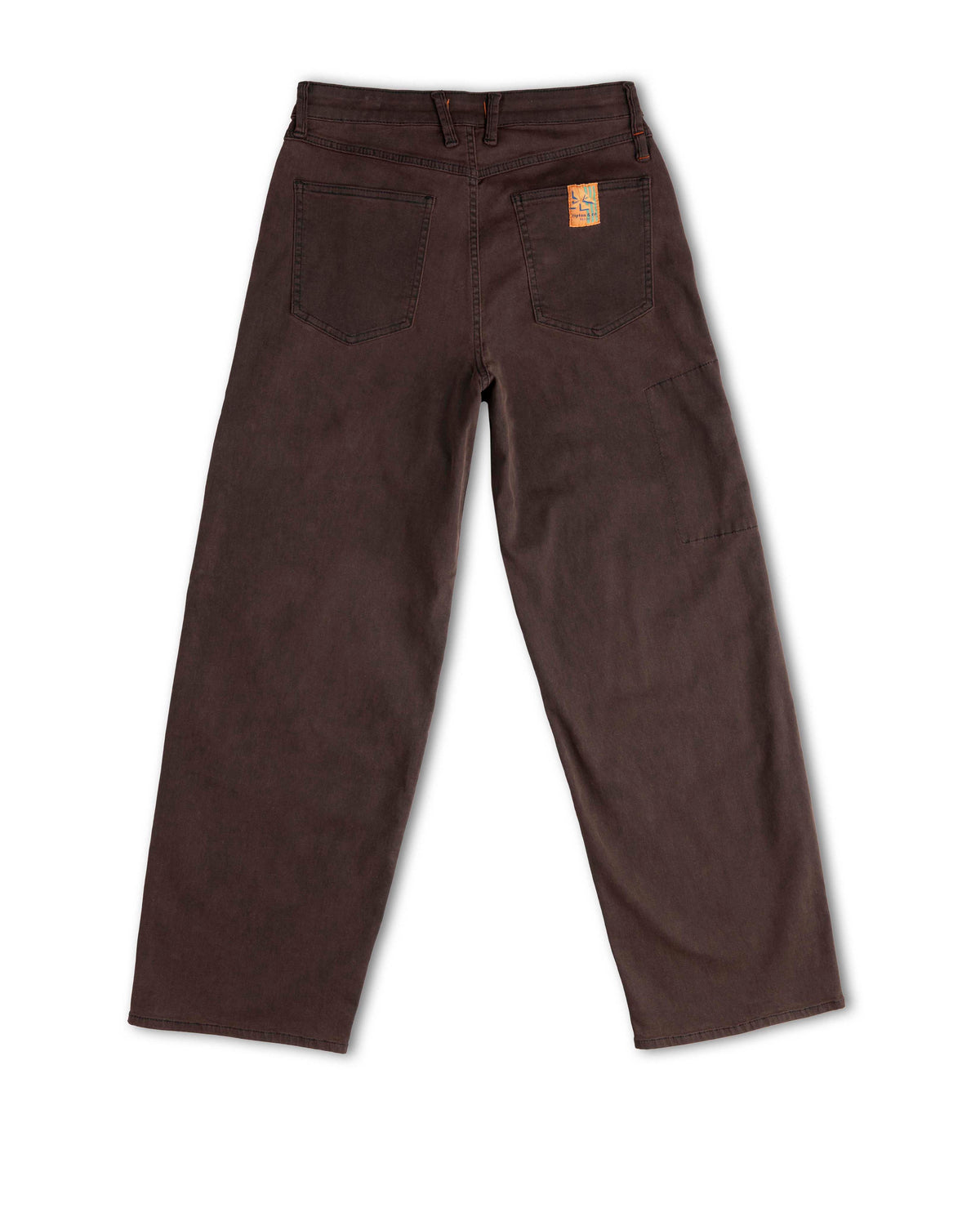 Brown pants with a brand label on a white background