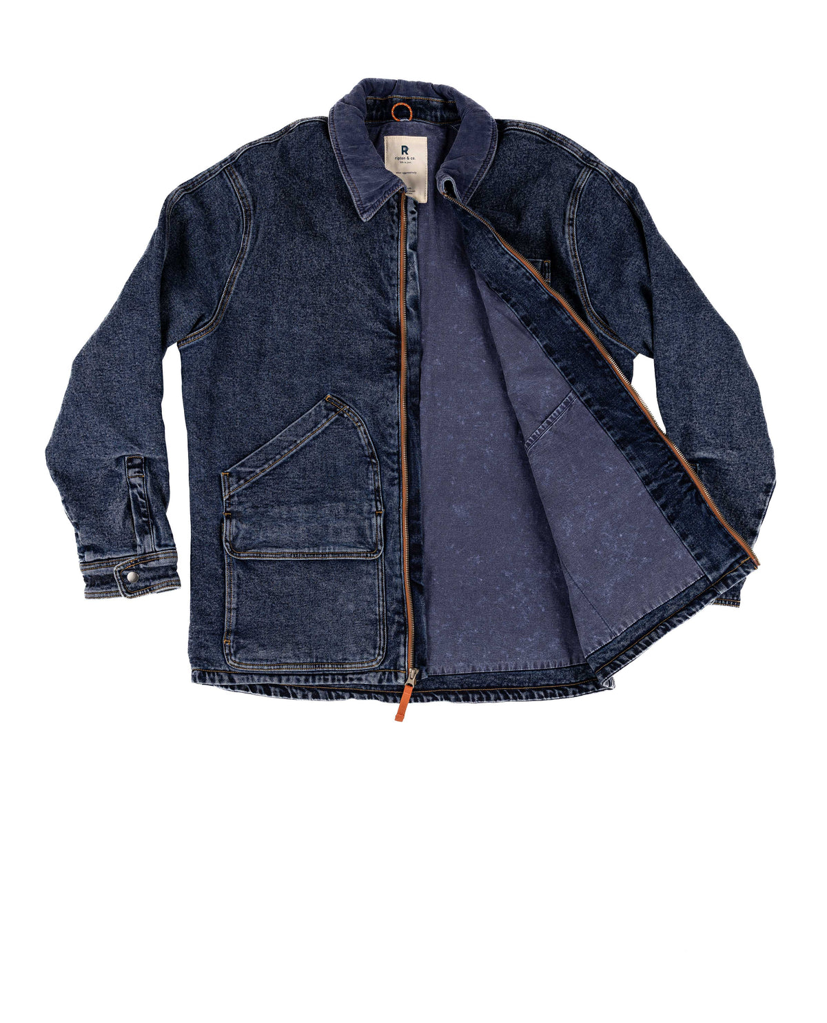 Blue denim jacket with a zipper on a white background Color:Dark