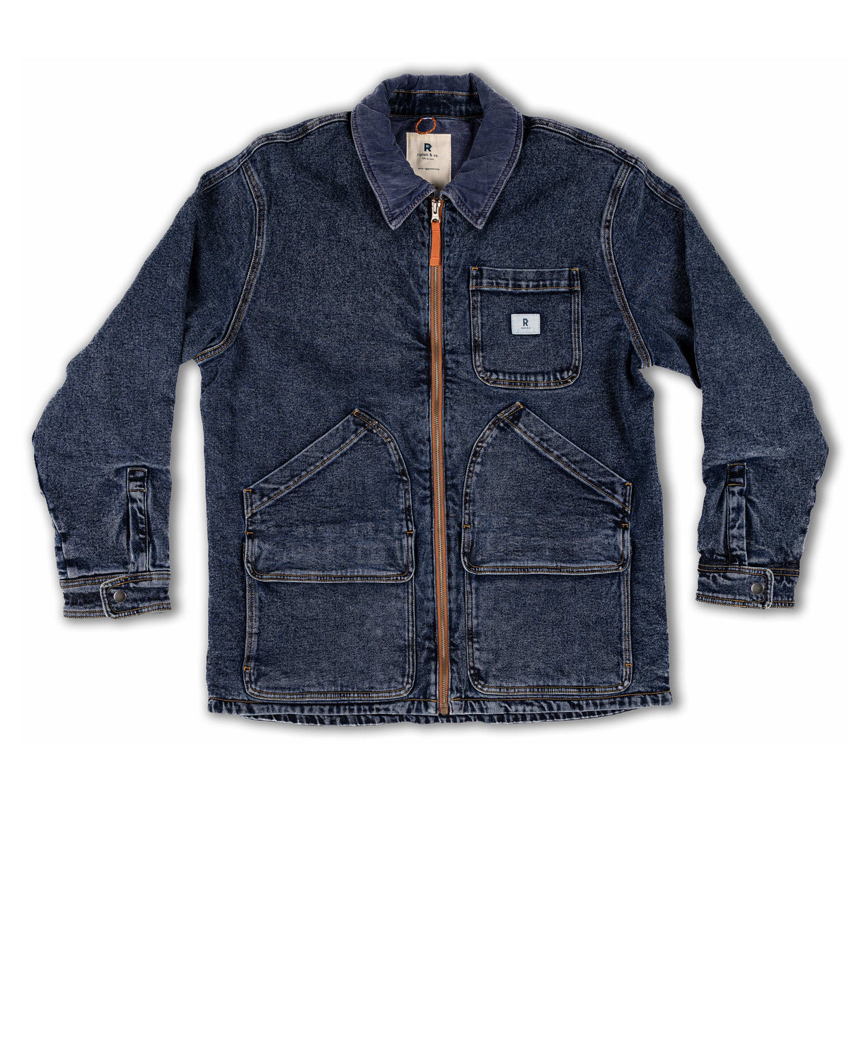 Blue denim jacket with multiple pockets on a white background Color:Dark