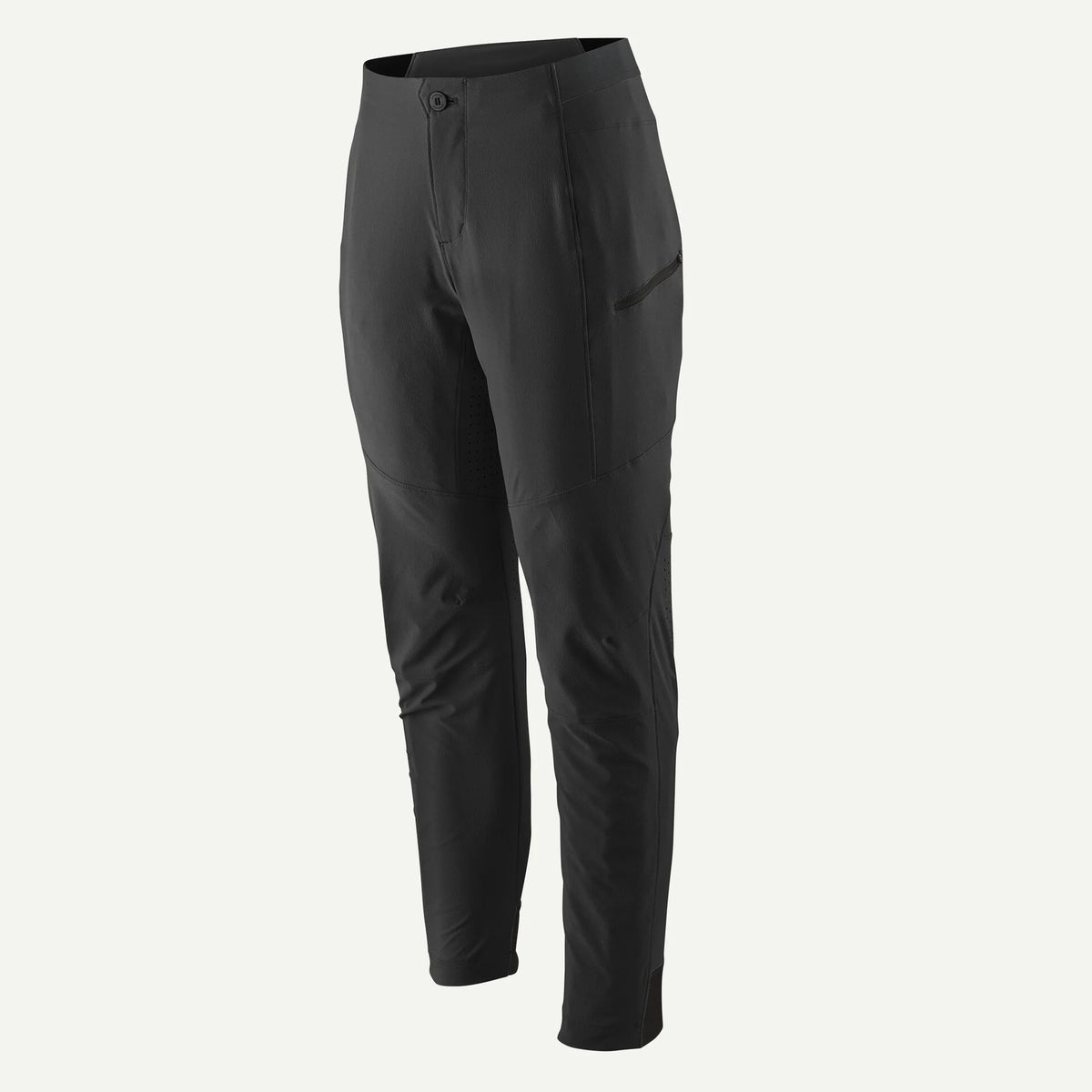 Black technical riding pants with a zippered side pocket, shown on a light gray background.