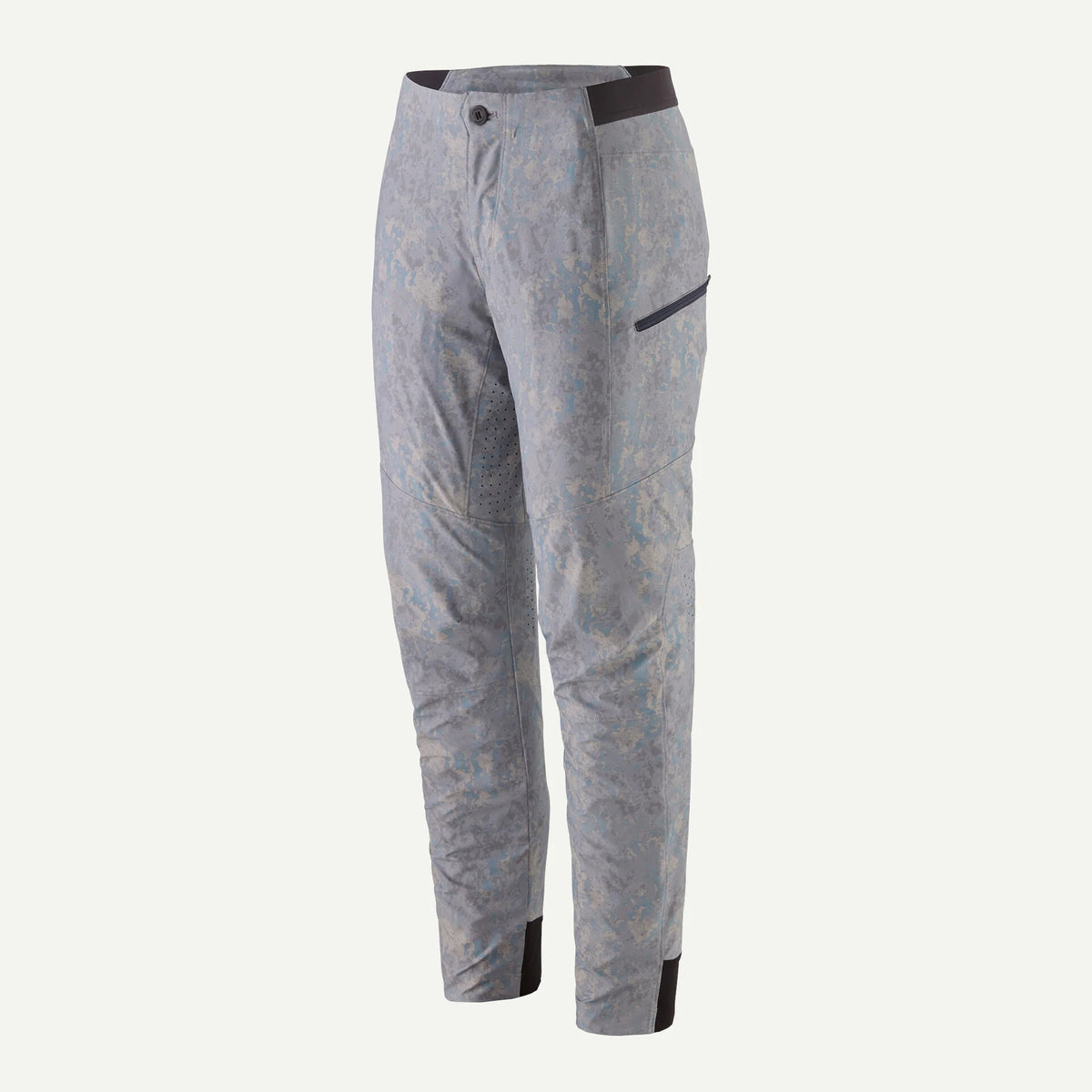 Light gray technical pants with a subtle blue-gray pattern, featuring a dark waistband, a zippered pocket on the right thigh, and dark trim at the ankle cuffs, shown against a plain off-white background.
