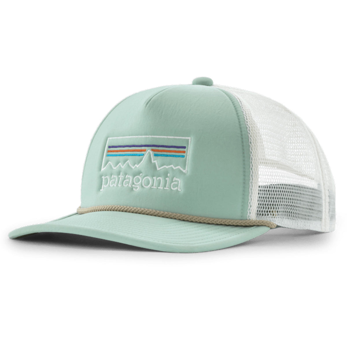A Patagonia trucker hat in mint green and white, featuring a structured front panel with the embroidered Patagonia logo and a colorful rectangular mountain graphic, plus white mesh back panels.