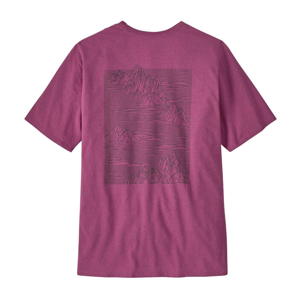 Purple t-shirt with mountain graphic on the back against a white background