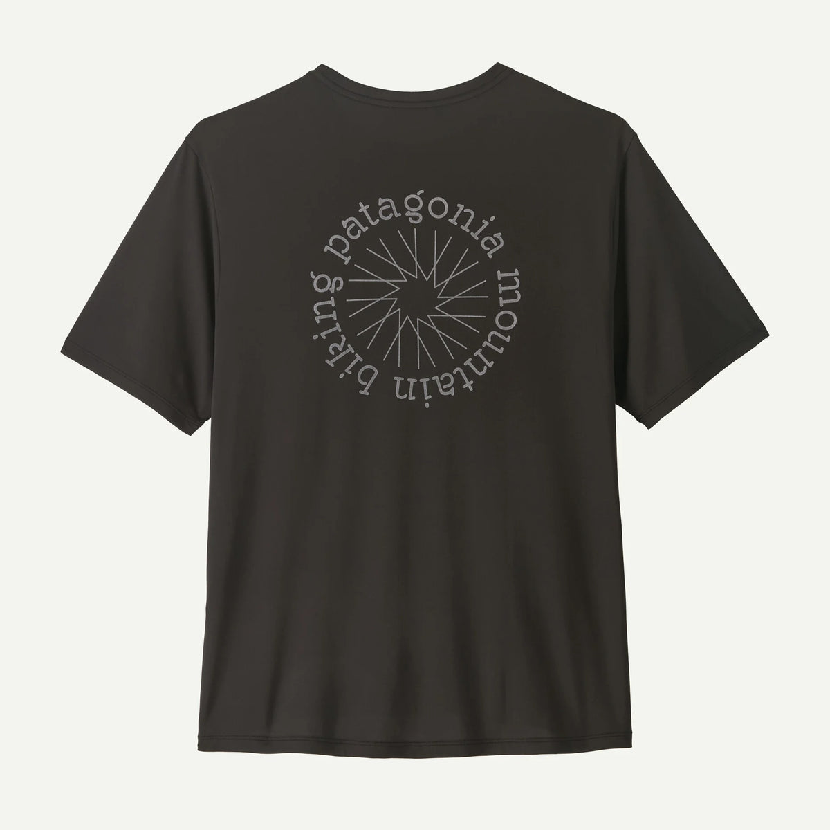 Black t-shirt with Patagonia logo on the back against a white background