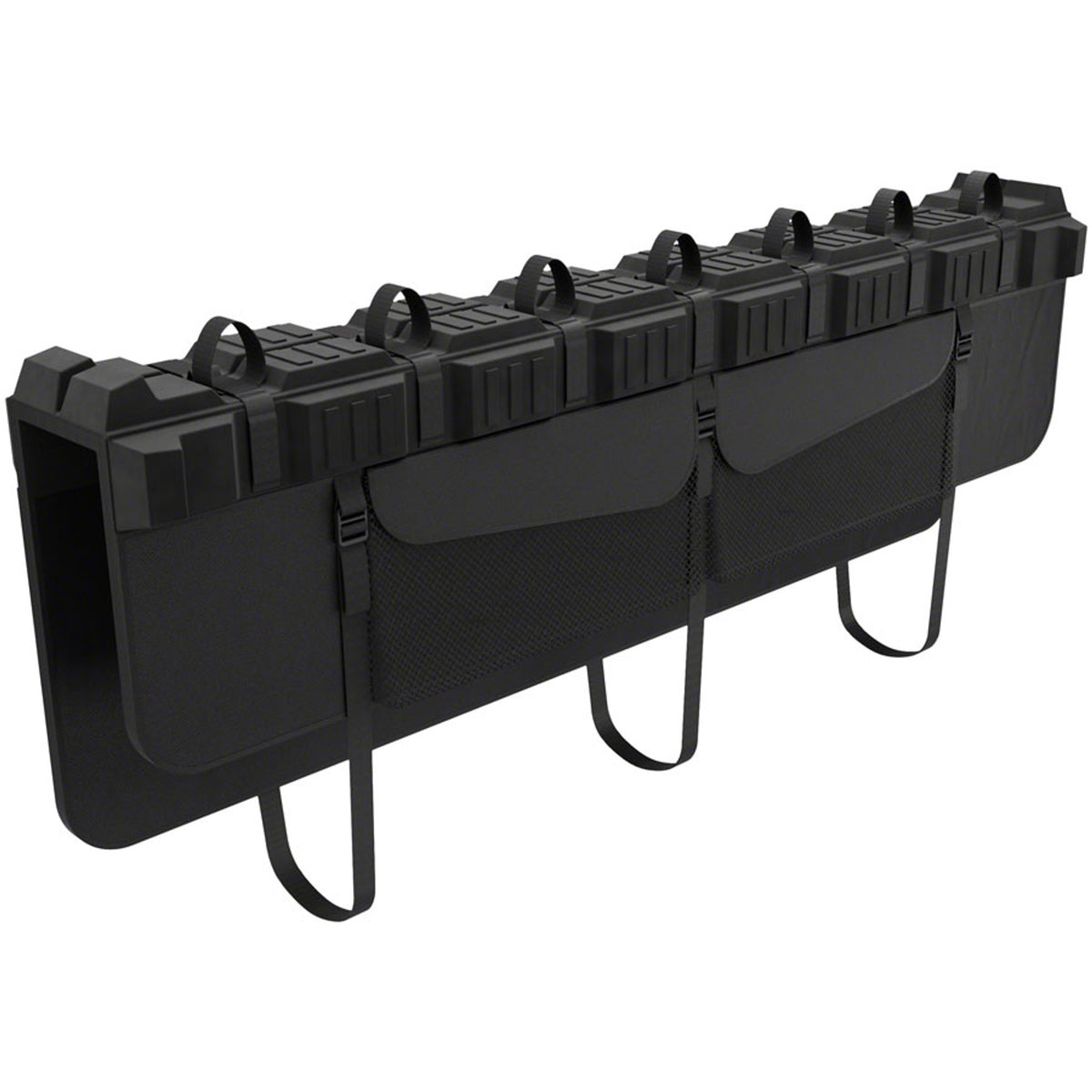 Black truck bed organizer with multiple compartments on a white background