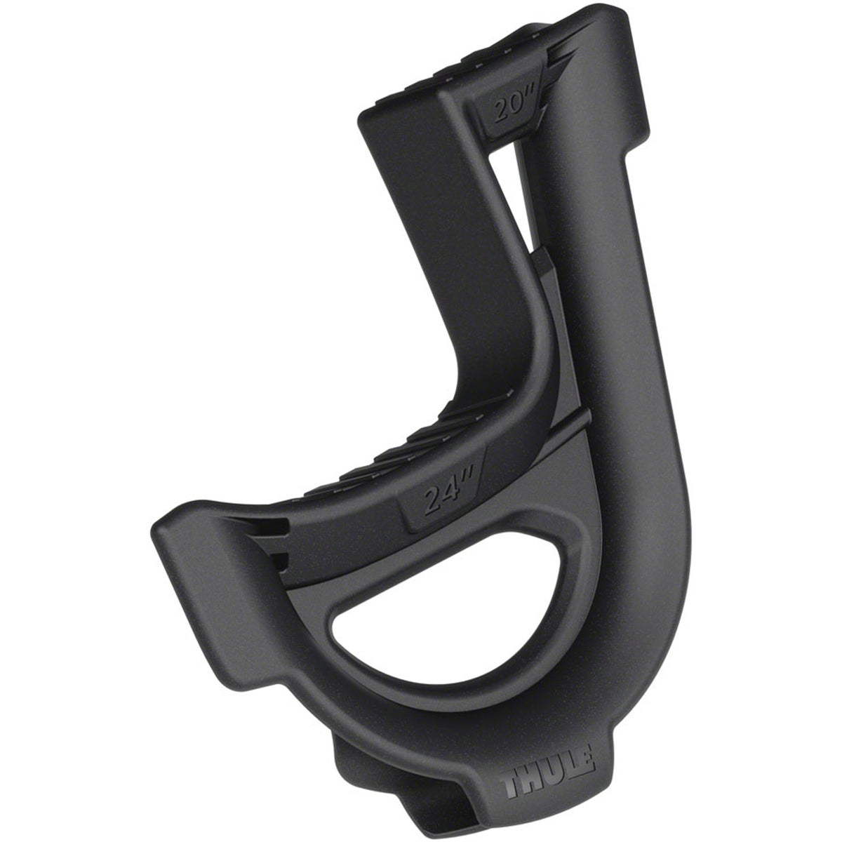 A black Thule wheel size converter with embossed size markings (20 inches and 24 inches) and the Thule brand logo near the bottom, shown on a solid white background.