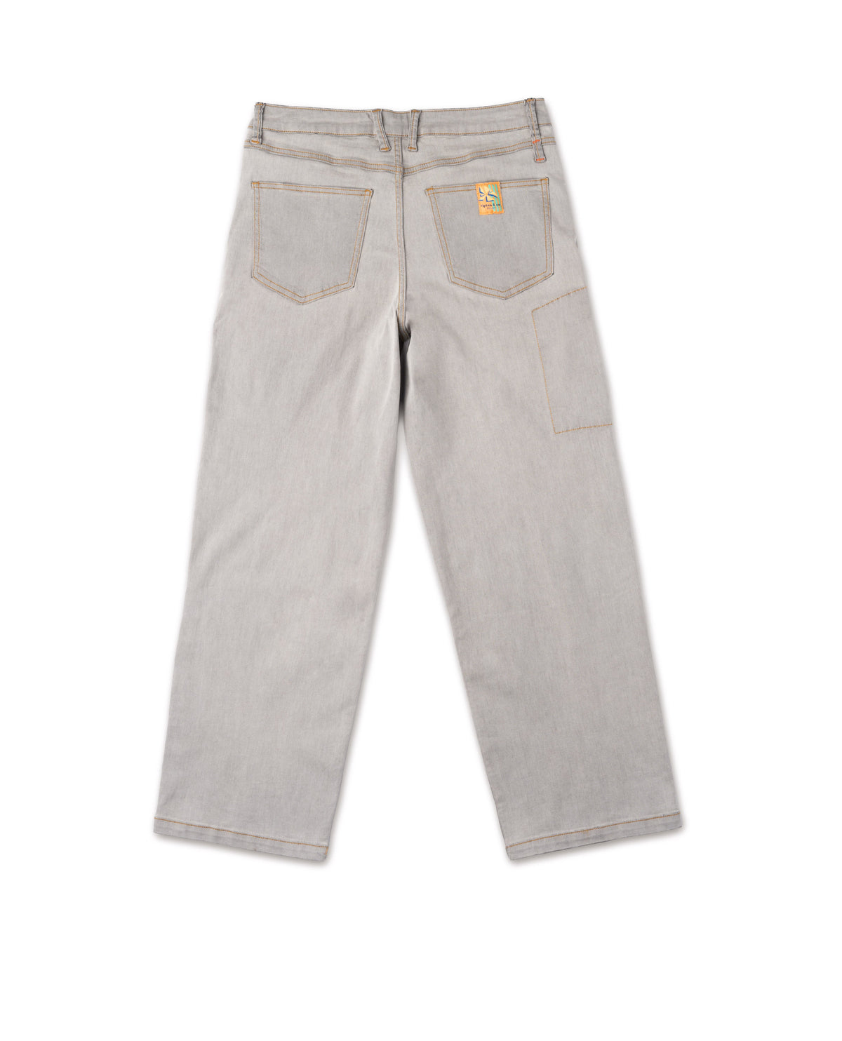 Light gray jeans with brand logo on a white background
