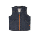 Blue denim vest with orange zipper on a white background