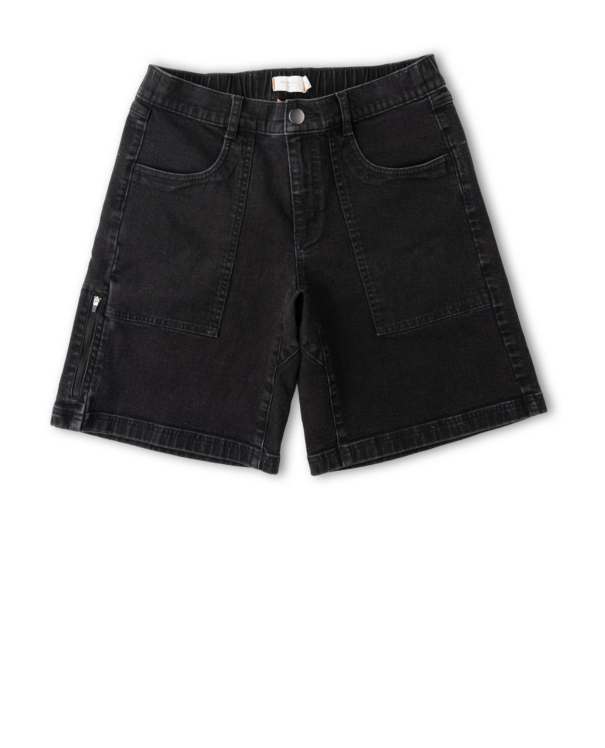 Black denim shorts on a white background