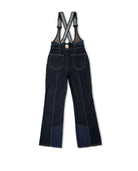 Dark blue denim overalls with suspenders on a white background