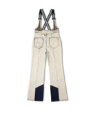 Beige overalls with black accents on a white background