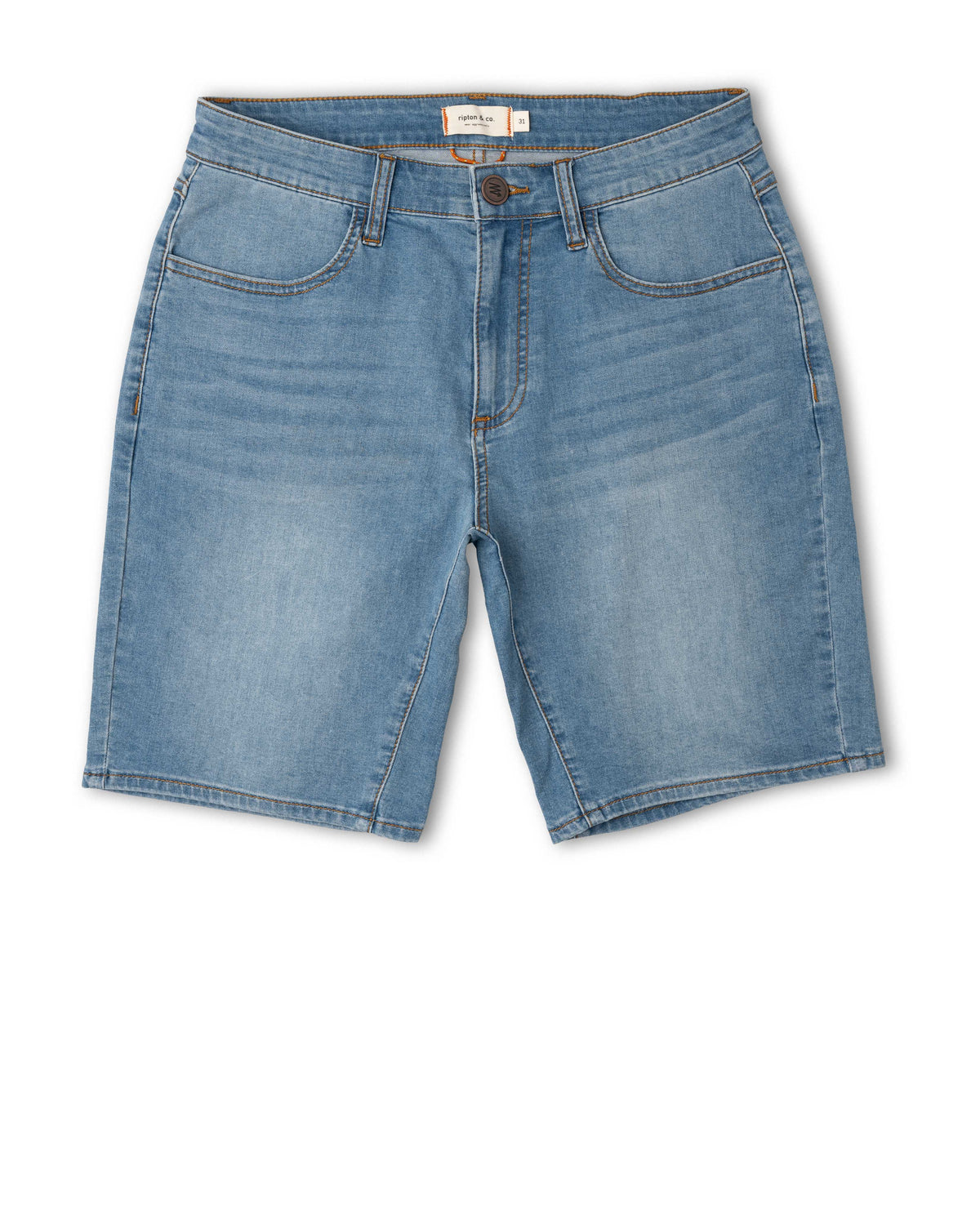 Blue denim shorts on a white background
