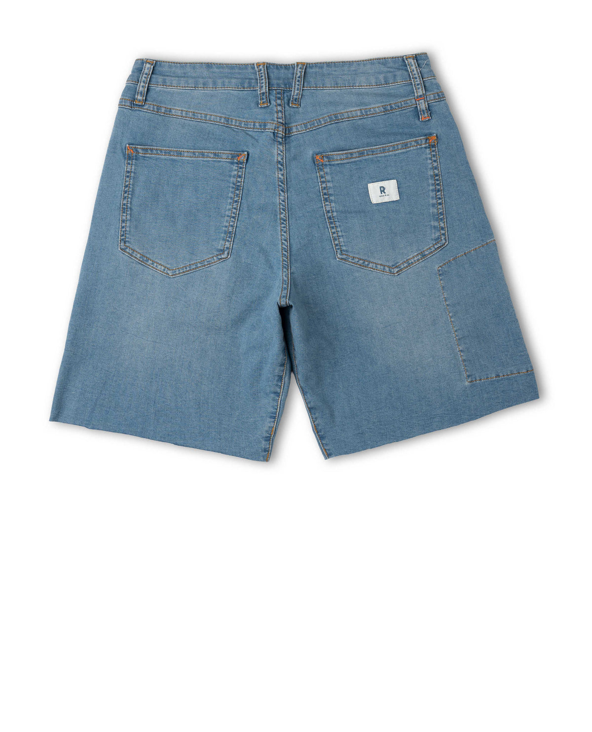 Blue denim shorts on a white background