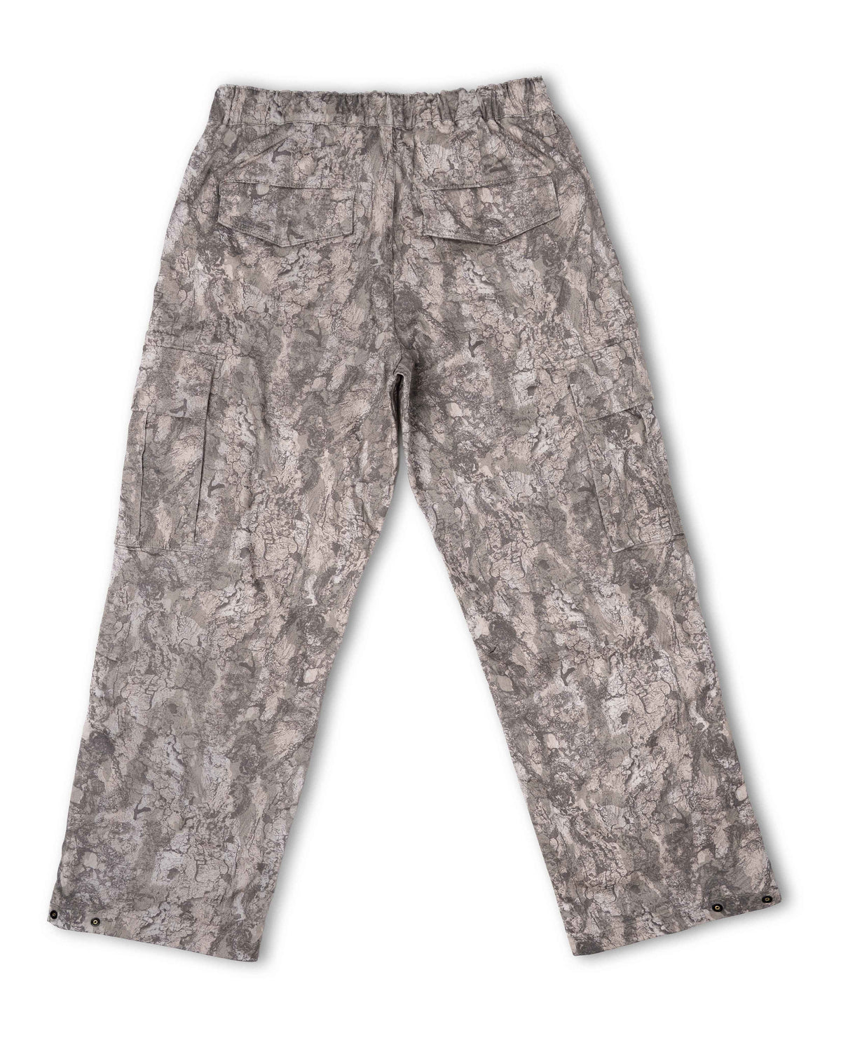 A pair of cargo pants with an all-over gray and beige digital camouflage pattern, shown from the back on a white background.