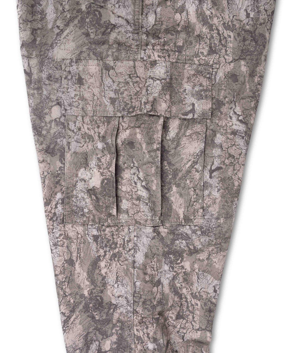 Close-up of camouflage pants showing a mottled gray, brown, and beige pattern with multiple cargo-style flap pockets on the leg.
