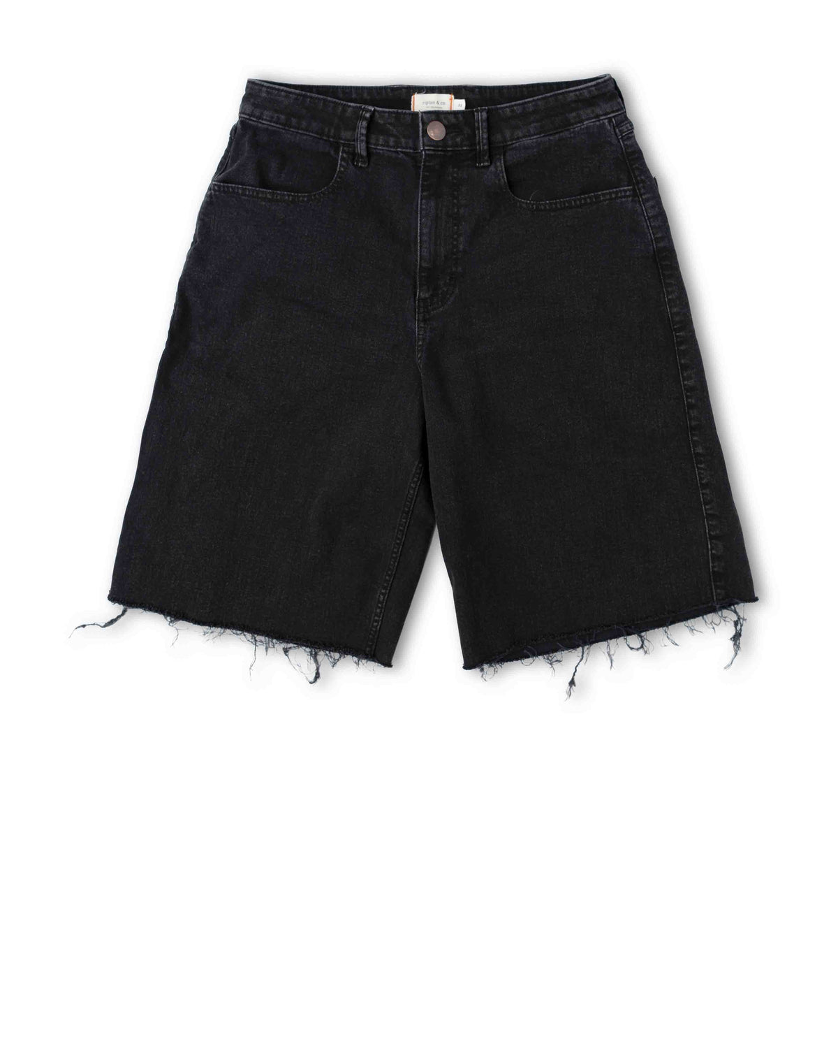 Black denim shorts with frayed hems on a white background