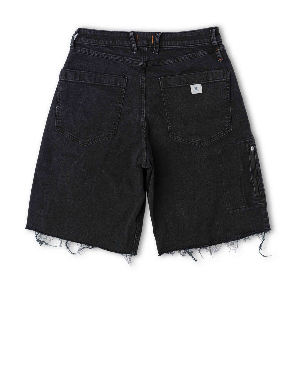 Black denim shorts with frayed edges on a white background