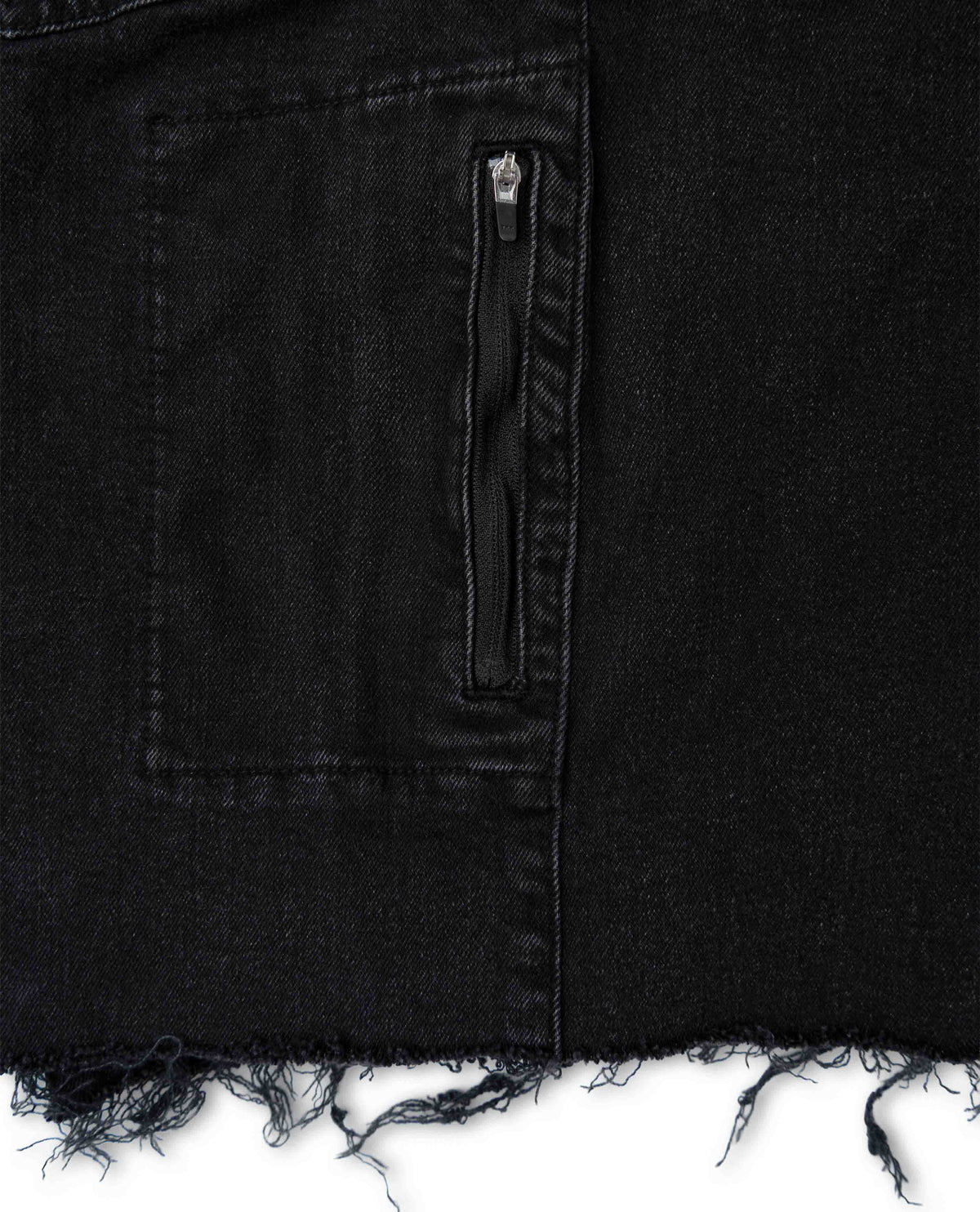 Close-up of a black denim jacket with a zipper pocket on a white background