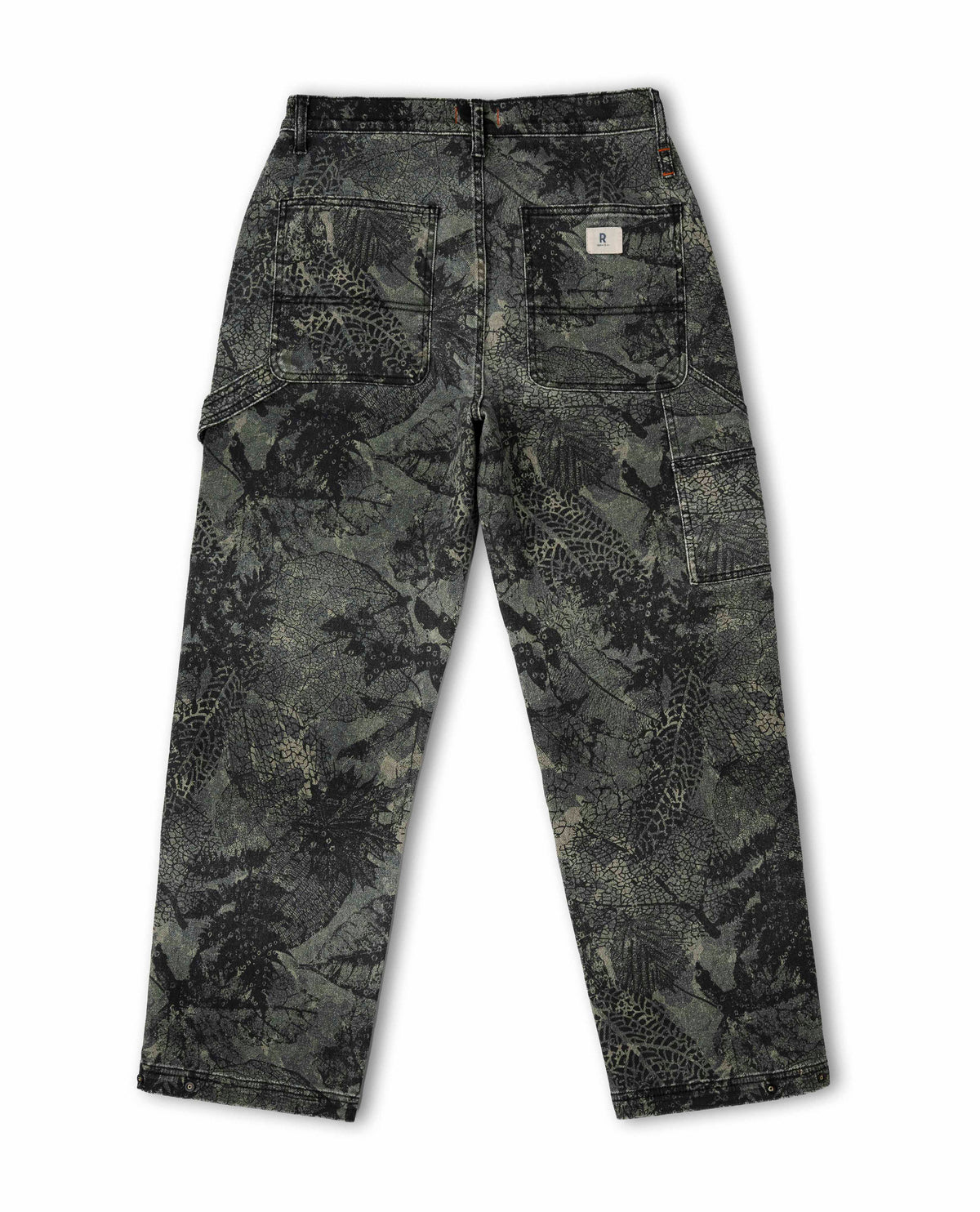Back of leaf camouflaged patterned pants on white background. 