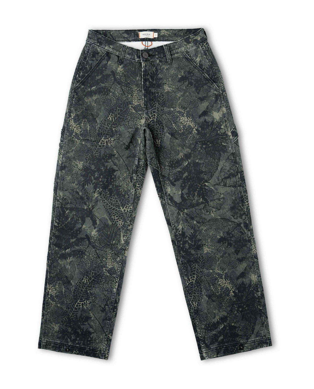 Front of a camouflage leaf patterned pant on a white background.