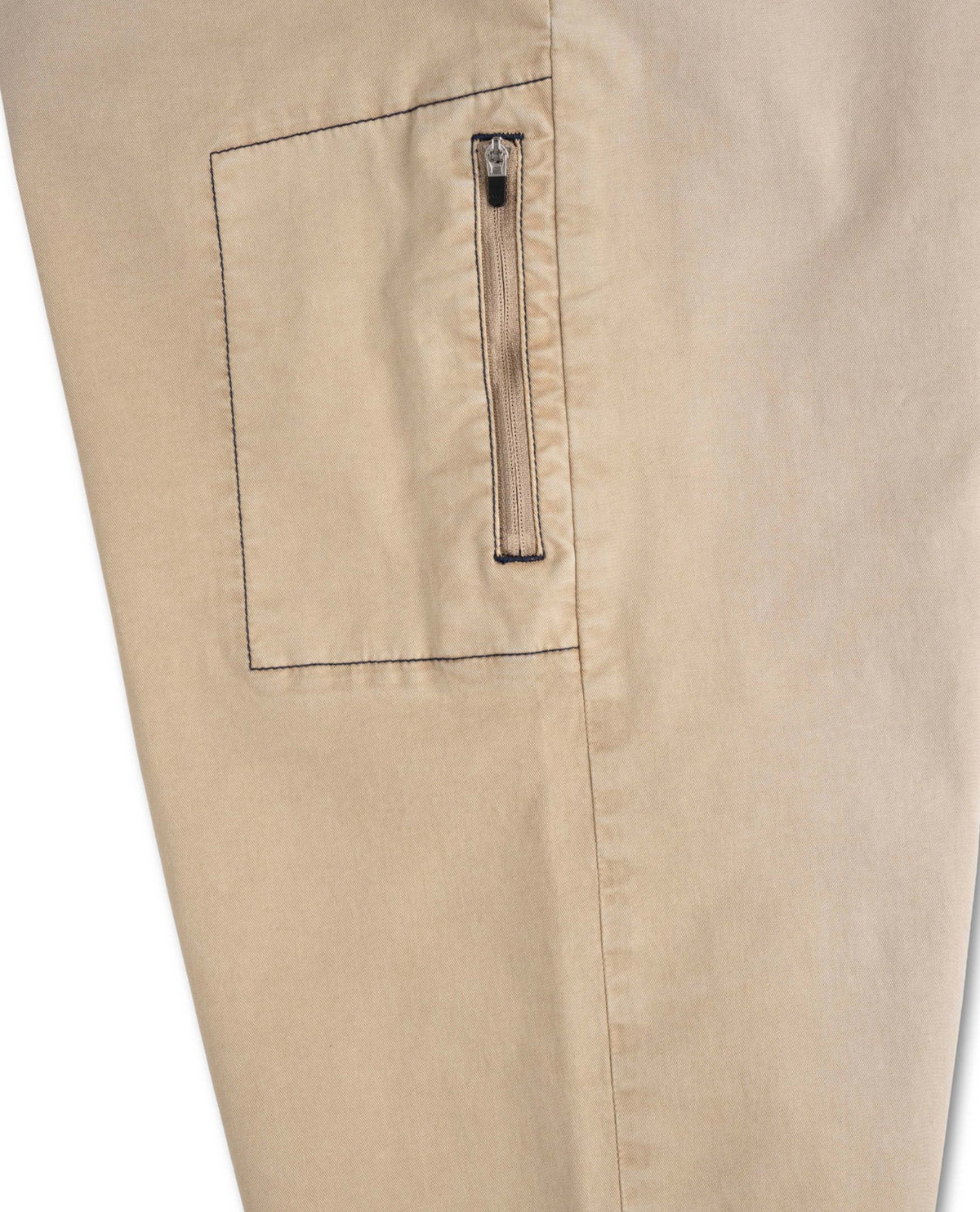 Close-up of beige pants with a pocket and zipper detail on a white background