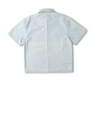 A light blue short-sleeve button-up shirt shown from the back, laid flat against a white background.