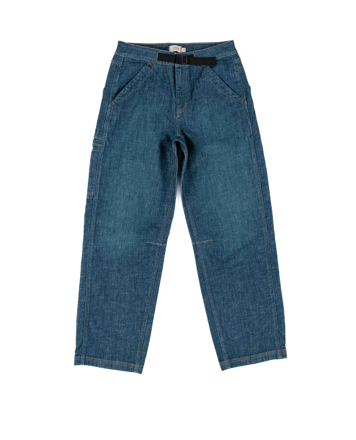 Blue jeans with a black belt on a white background