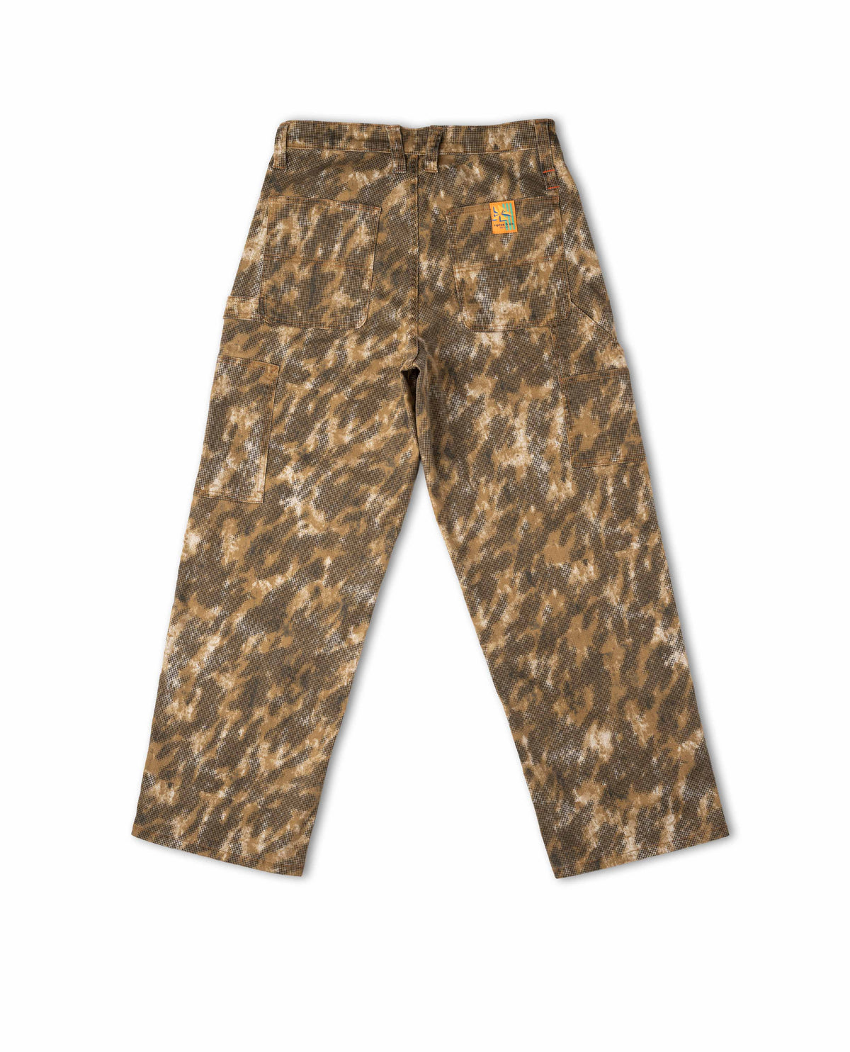 Camouflage pants with a brand logo on a white background