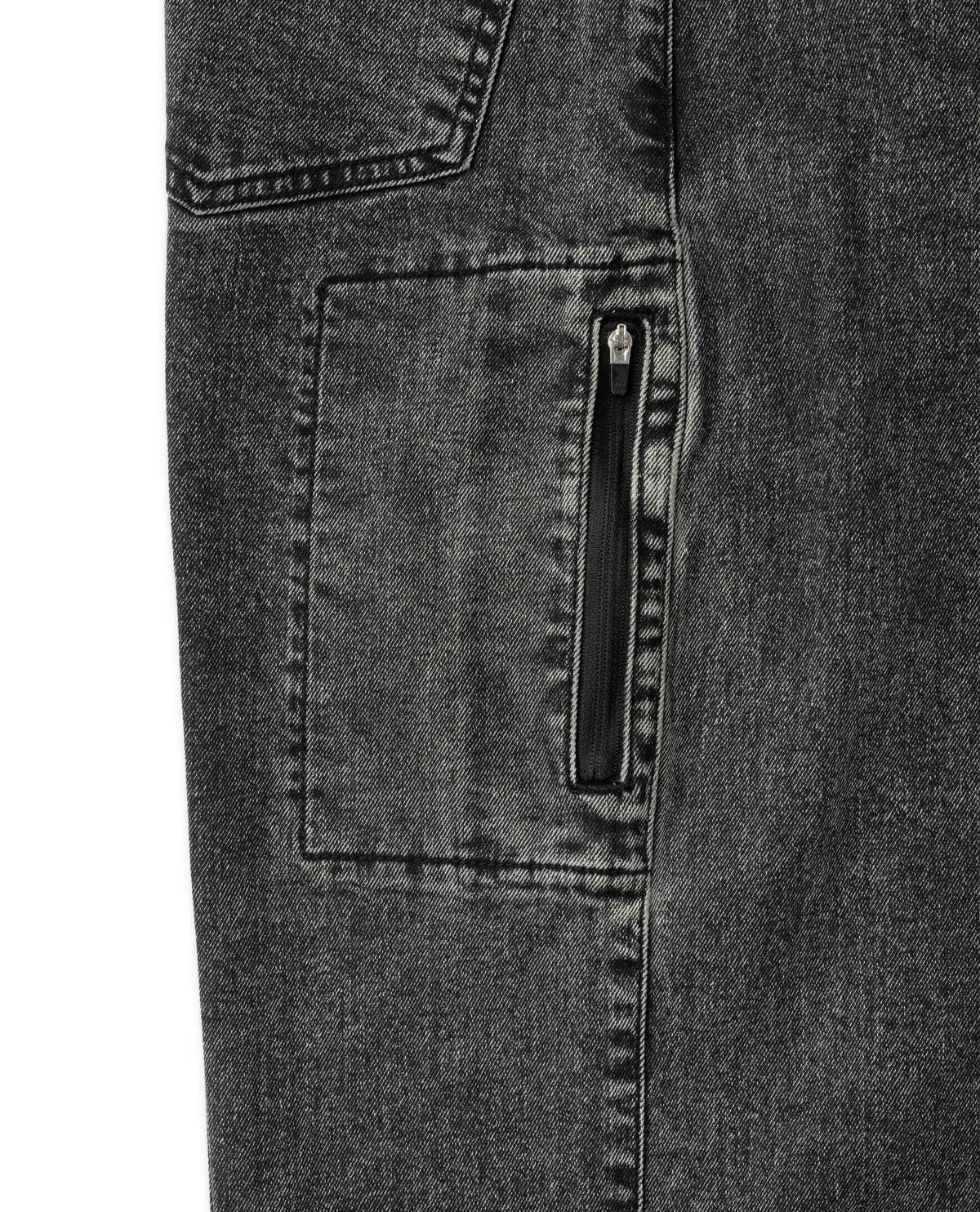 Close-up of a dark gray denim pocket with a zipper on a white background