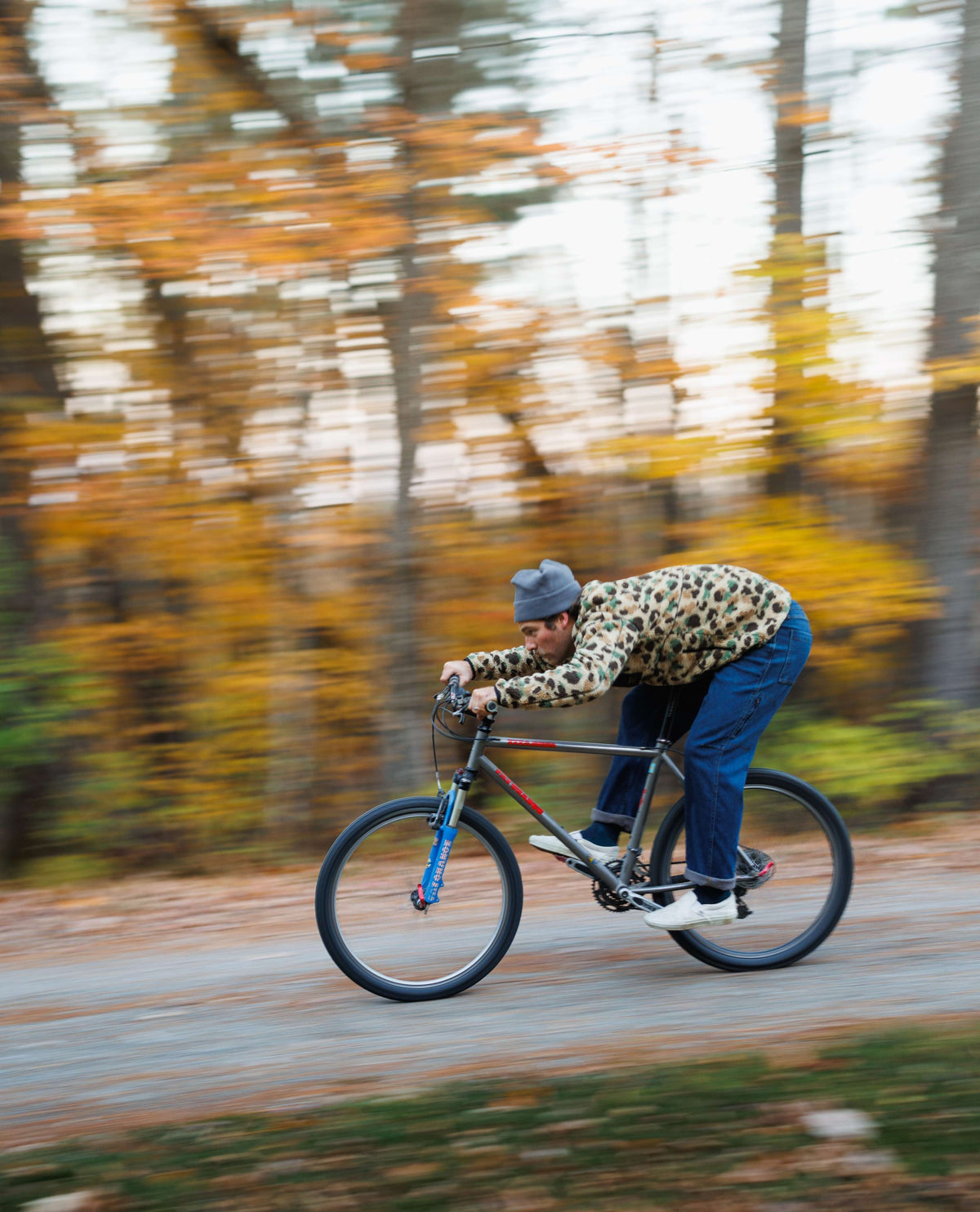 Person riding a bicycle on a path with autumn trees in the background