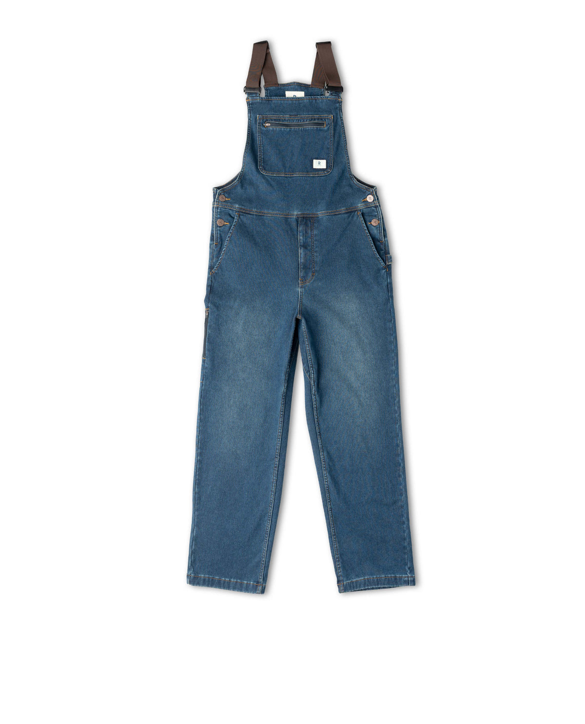 Blue denim overalls with brown straps on a white background