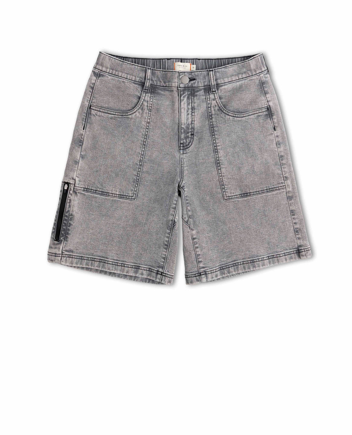 Gray denim shorts on a white background