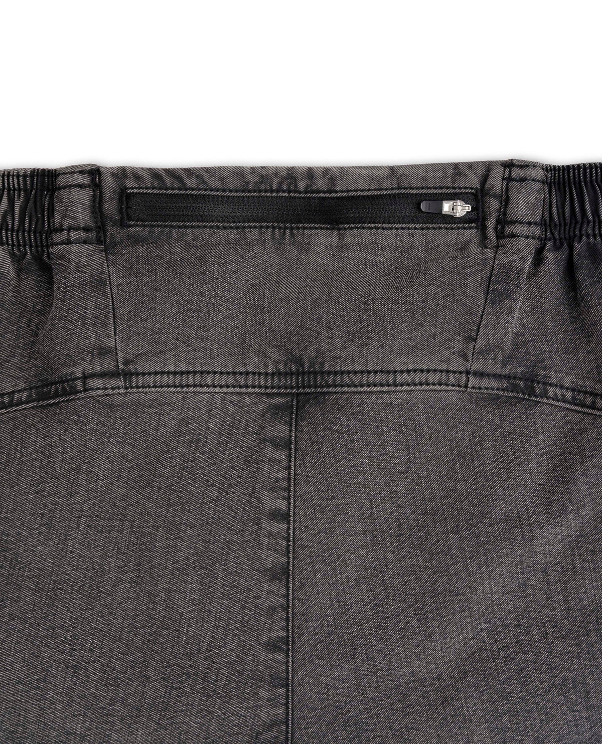 Close-up of a gray pants waistband with a zipper on a white background